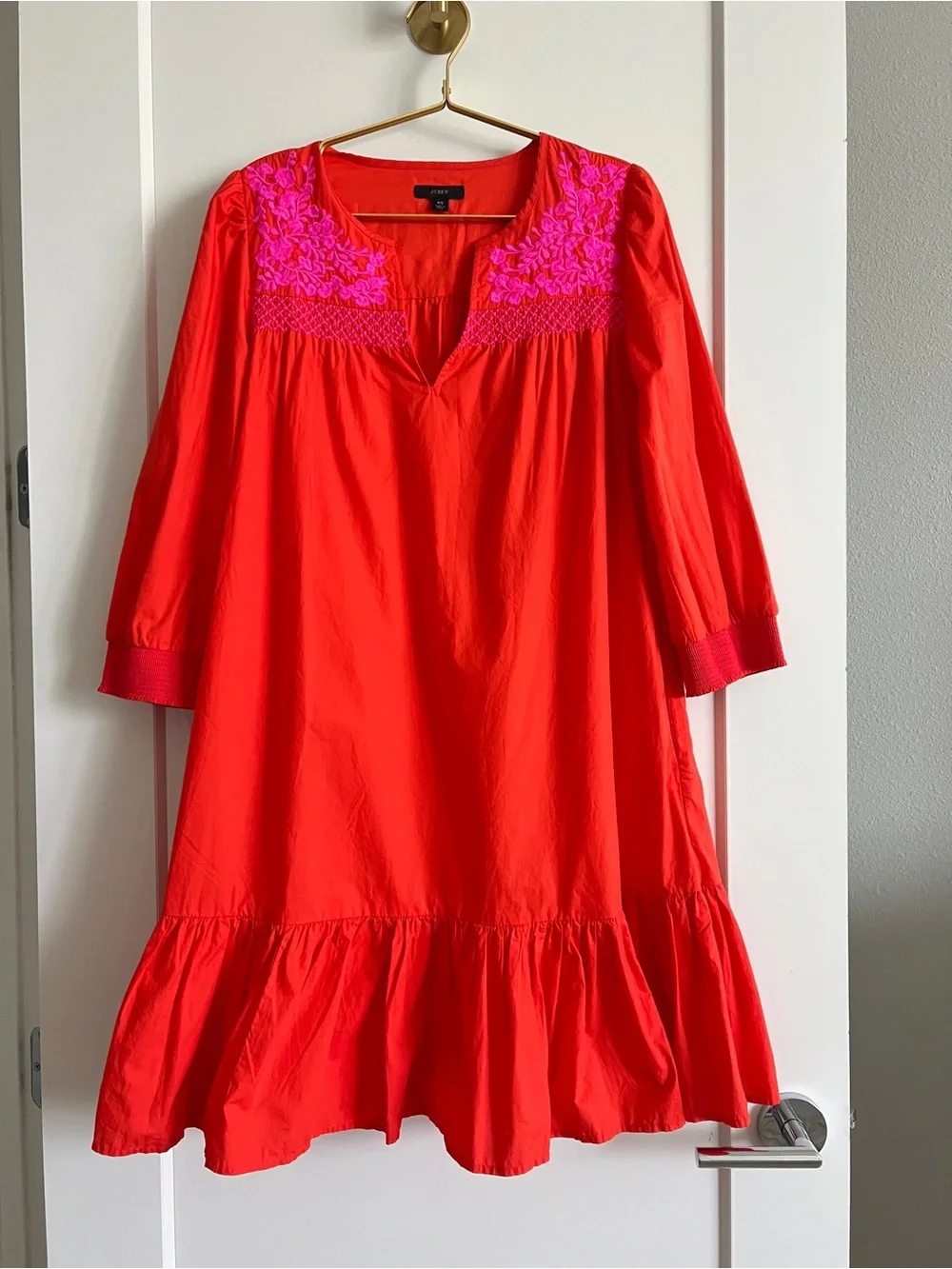 J.Crew Leda Embroidered Popover Dress XS Red Pink Floral Cotton Ruffle Pockets